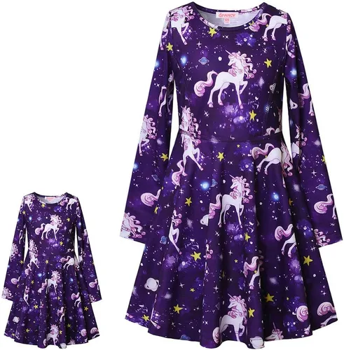 Vista 8 de Qpancy Vestidos a juego para muñecas y niñas, trajes de unicornio de manga larga, ropa de algodón