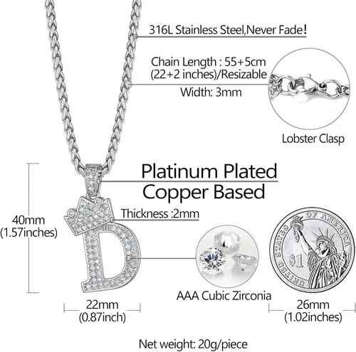 Vista 5 de Richsteel A-Z Crown Initial Necklace For Men Women 18K Gold Plated Shiny Cubic Zirconia Monogram Pendant with 22'' Chain+2'' (Extended) Fashion