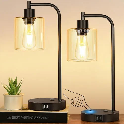 Vista 9 de Juego de 2 lámparas de mesa con control táctil industrial - Lámparas de mesita de noche en níquel cepillado con 2 puertos USB y enchufe de CA