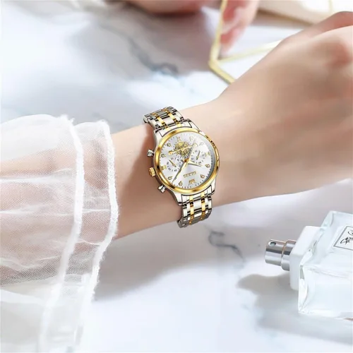 Vista 8 de OLEVS Reloj multifuncional de dos tonos para mujer, reloj analógico de cuarzo para mujer, de acero inoxidable, resistente al agua, con diamantes