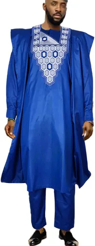 Vista 9 de HD African Bazin Pareja Ropa Tradicional Bordado Agbada Boubou Caftan Set para Hombre Blanco-9939