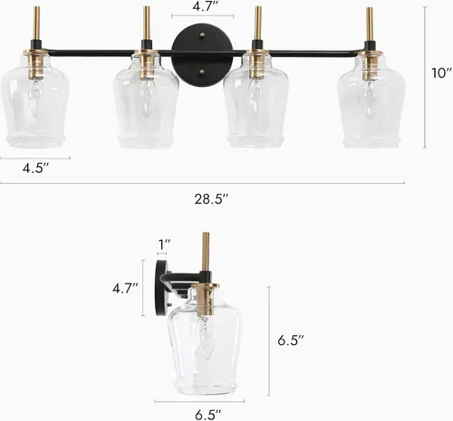 Vista 5 de Durent Lighting Lámparas de tocador de baño, 4 luces de baño sobre espejo, 28.5 pulgadas, negro y dorado