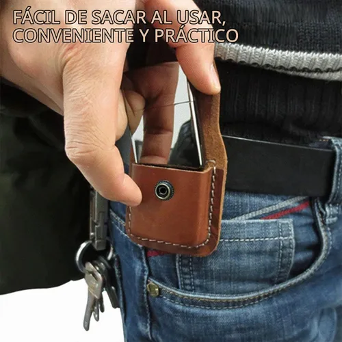Vista 7 de Funda de cuero para encendedor, bolsa de cuero con tapa abatible, funda de soporte con trabilla para cinturón de bolsillo, hecha a mano