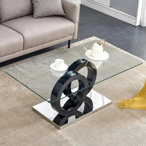 Vista 8 de Mesa de centro de cristal para sala de estar, mesa moderna de vidrio templado y patas de MDF, pequeña mesa de centro moderna (negro, estilo 1)