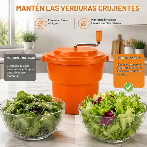 Vista 5 de Secador de lechuga manual de alta resistencia de 2.5 galones / 10 cuartos de galón con eje de acero inoxidable, cesta secadora de verduras de gran