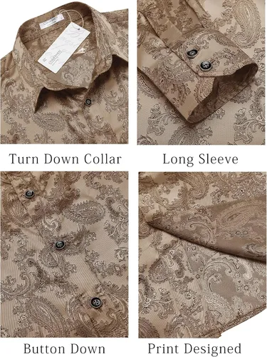 Vista 5 de COOFANDY Camisa de vestir con estampado floral para hombre, camisas de manga larga con botones de cachemira para boda, fiesta, baile de graduación