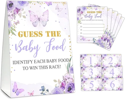Vista 12 de Guess the Baby Food Party Games, juego de baby shower, 1 letrero de pie + 25 tarjetas de respuesta + 6 tarjetas de números, suministros