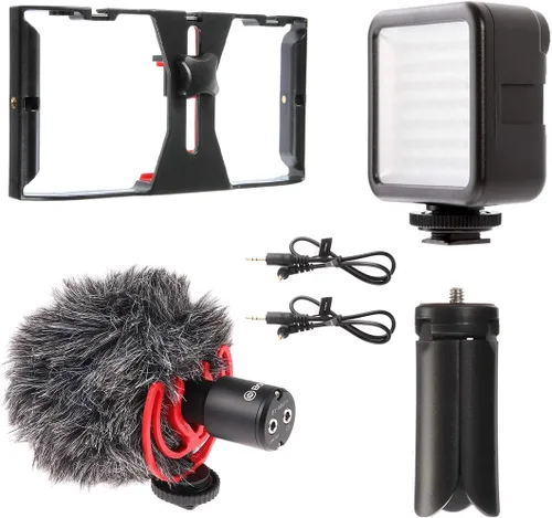 Vista 7 de FocusFoto PRO U-Rig - Soporte estabilizador para cámara de video para teléfono inteligente, agarre estabilizador con micrófono mejorado por-MM1+