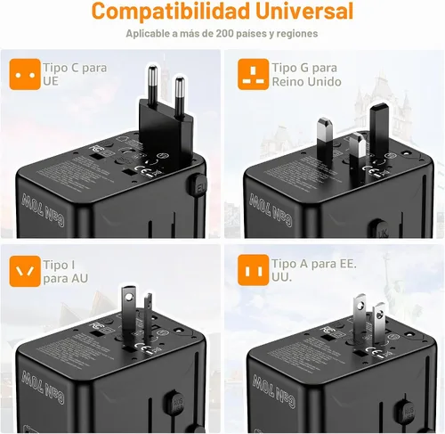 Vista 5 de Adaptador de Viaje Universal, VYLEE Adaptador de Enchufe Internacional de 70W con Carga Rápida PD, 5 Puertos (1 AC/1 USB-A/3 USB-C), Cargador