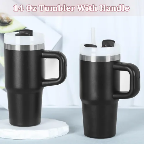 Vista 4 de Muwnrol Vaso de 14 onzas con asa y popote para niños, vaso de acero inoxidable aislado al vacío que mantiene el frío, el calor y el hielo, regalos