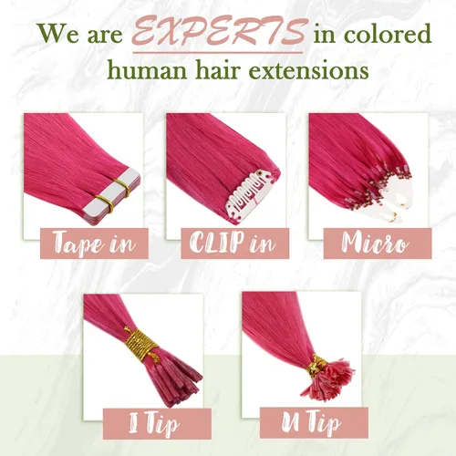 Vista 7 de RUNATURE - Extensiones de cabello humano con cinta color rosa intenso, 12 pulgadas, 0.71 oz, 10 unidades Hot Pink Human Hair Extensions Tape Ins