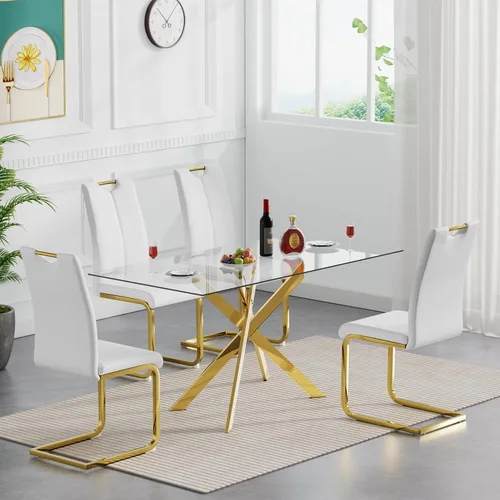 Vista 18 de Juego de mesa de comedor de cristal de 5 piezas para 4, moderno juego de mesa de cocina rectangular de vidrio templado transparente de 51.18