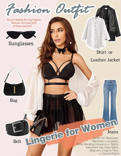 Vista 4 de Avidlove Lencería para mujer con tiras y falda conjunto de gargantilla extraíble S-XXL