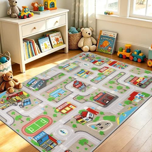 Vista 19 de Capslpad Alfombra Azul de Coche y Carretera para Niños, Alfombra de Juego para Sala de Juegos, Alfombra Antideslizante Lavable con Mapa de la Ciudad