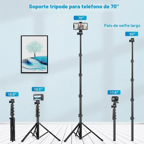 Vista 2 de Victiv - Trípode para teléfono de 1.78 metros (70 pulgadas), trípode para iPhone con control remoto y soporte para teléfono, resistente y estable