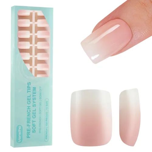 Vista 19 de Vansiho Uñas postizas de gel francés de almendra media, uñas suaves rosadas