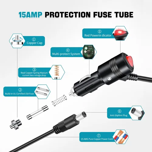 Vista 3 de Enchufe de encendedor de cigarrillos de 12 V con encendido y apagado, conector adaptador de enchufe macho resistente de 12 voltios de 15 A, 6 pies