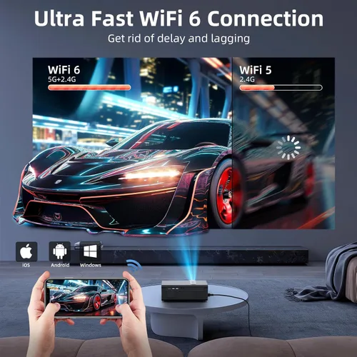 Vista 7 de FUDONI Proyector Bluetooth inteligente WiFi6, aplicaciones integradas Gris Negro