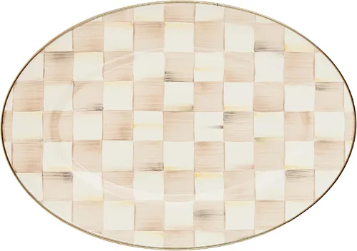 Vista 17 de MACKENZIE-CHILDS Bandeja Ovalada de Esmalte, Plato de Servir para Entretenimiento, Pequeño, Cuadros Cortesanos en Blanco y Negro