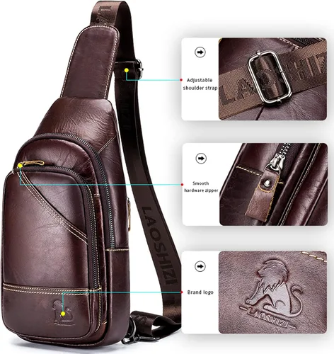 Vista 5 de Hebetag Bolso bandolera de cuero casual para hombres y mujeres para viajes al aire libre paquete de pecho