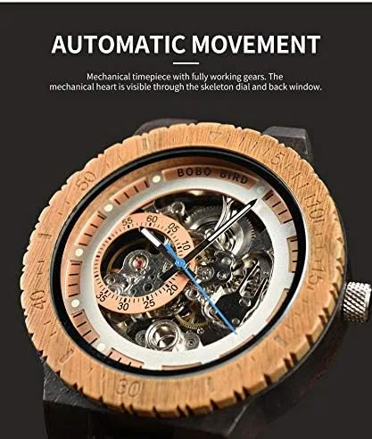 Vista 5 de BOBO BIRD Reloj mecánico automático de madera para hombre, personalizable, reloj de pulsera de madera de lujo para hombre