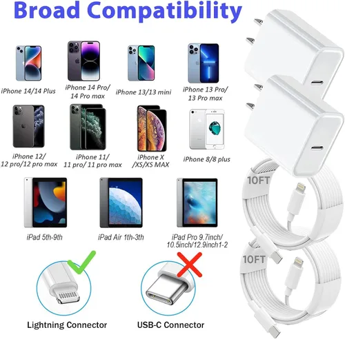 Vista 6 de Cargador rápido para iPhone de 3 metros, paquete de 2 [certificado Apple MFi] bloques de carga rápida USB C para iPhone, cargador de pared PD