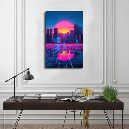 Vista 3 de Cyberpunk - Arte de pared de onda vapor-neón futurista de la ciudad, impresión retro de onda sintética decoración de pared, pinturas al óleo famosas