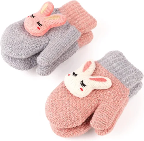 Vista 2 de Flammi - 2 pares de mitones para bebés, niños y niñas, forro de sherpa de invierno, guantes de punto cálido, guantes de dibujos animados para niños