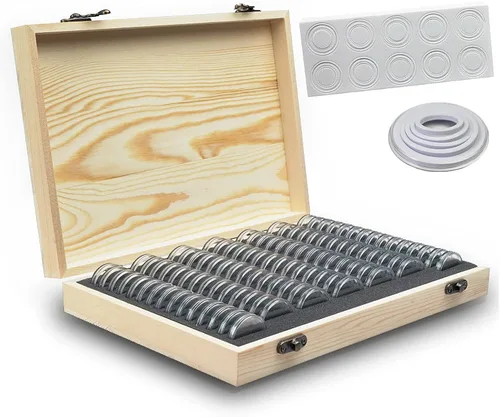 Vista 7 de Soporte para cápsulas de monedas de madera, caja de almacenamiento de monedas con junta de espuma para suministros de colección de monedas
