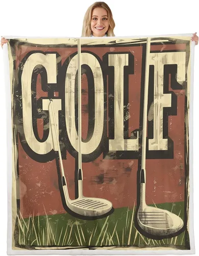 Vista 20 de Golf Fleece Blanket,Vintage Sports Game Golf Club Player Silhouette Bed Blanket for Adults Teens,Rustic Lake House Boating Beige Black Room