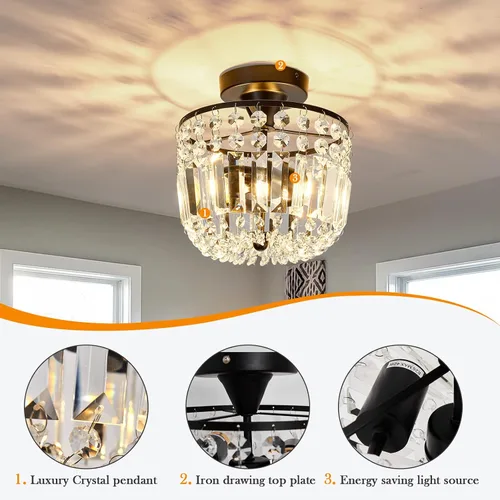 Vista 3 de YYJLX Lámpara de araña pequeña de cristal con 2 luces, moderna lámpara de techo semiempotrada para pasillo, cocina, vestíbulo (negro)