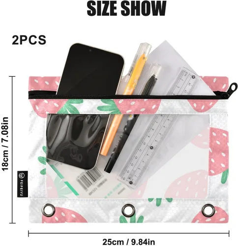 Vista 3 de Estuche para lápices de fresas rosas para carpetas de 3 anillas, estuche para lápices, bolsa de maquillaje con ventana transparente para almacenar