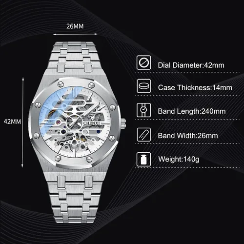 Vista 6 de RORIOS Reloj de negocios para hombre, reloj mecánico automático, reloj luminoso con correa de acero inoxidable, reloj de pulsera de cuerda automática