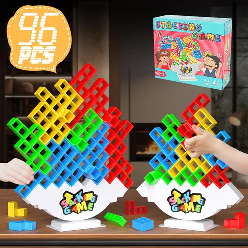 Vista 8 de BBnote Juego gigante XL de 48 piezas para adultos y niños, juegos de torre de mesa Tetra para fiesta de viaje familiar, juguete apilable
