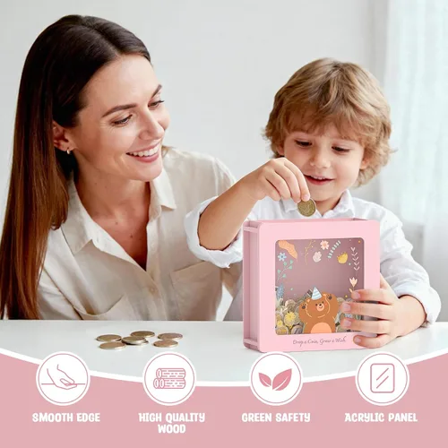 Vista 5 de Summidate Caja de ahorro de dinero de madera, caja de ahorro de ventana transparente con calcomanías de bricolaje, alcancía de oso personalizada