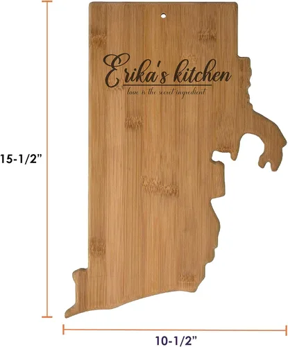 Vista 2 de Tabla de cortar personalizada en forma de estado de la isla de Rhode de Estados Unidos Tabla de cortar y servir de bambú personalizada