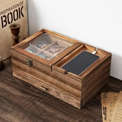 Vista 7 de Pinzoveco Caja Organizadora de Relojes para Hombres, Caja de Joyería para Hombres de 6 Compartimentos Exhibición y Almacenamiento de Relojes, Caja