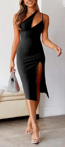 Vista 5 de Vestido midi de cóctel ajustado con un hombro y cuello asimétrico con abertura alta para mujer