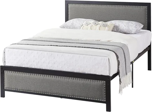 Vista 8 de VECELO Marco de cama tamaño Queen con cabecera tapizada, plataforma resistente con listones de metal fuertes, no necesita somier, fácil montaje