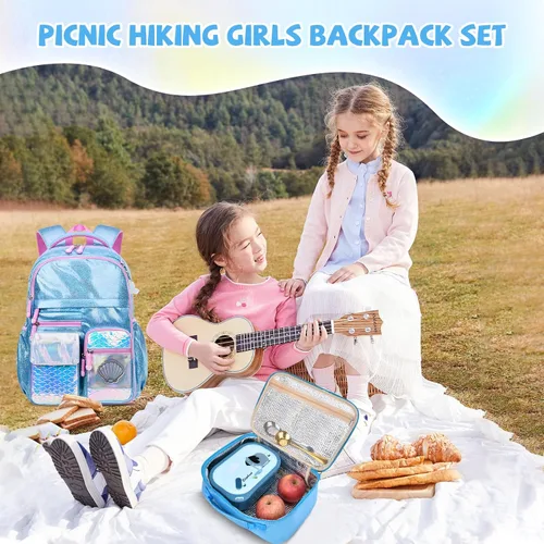 Vista 7 de Mochilas para niñas, mochila escolar con lonchera aislada, juego para niñas de primaria (azul sirena)