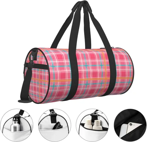 Vista 3 de Large Duffle Bag for Travel - Retro Pink Plaid Print (a) Gym Bag for Women Men, Travel Foldable Bags for Women Men with Zippered Multiple Pockets