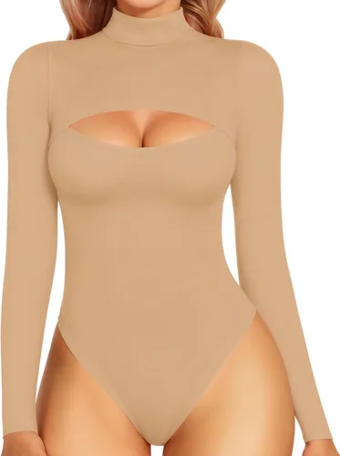 Vista 13 de MANGOPOP - Body de cuello alto con recorte frontal para mujer, manga larga, sin mangas, cuello de tortuga, trajes sexys 01 Manga larga negra