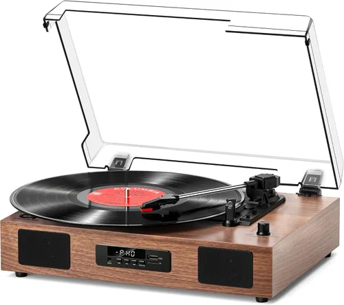 Vista 13 de Tocadiscos de vinilo vintage con altavoces integrados, tocadiscos de 3 velocidades por correa, reproducción Bluetooth, grabación USB/TF, parada