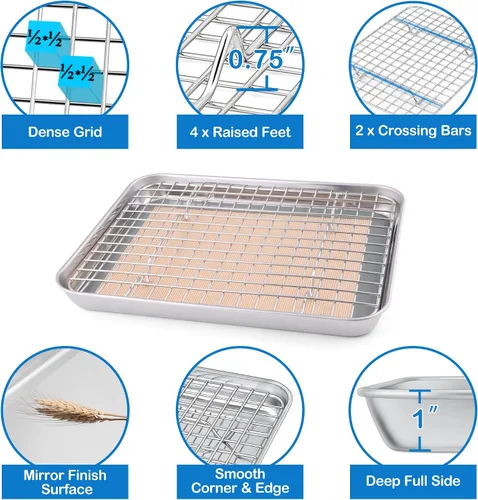 Vista 3 de P&P CHEF Bandeja para horno tostador de 9 x 7 x 1 pulgadas con rejilla y alfombrilla de silicona, bandeja para horno tostador de acero inoxidable