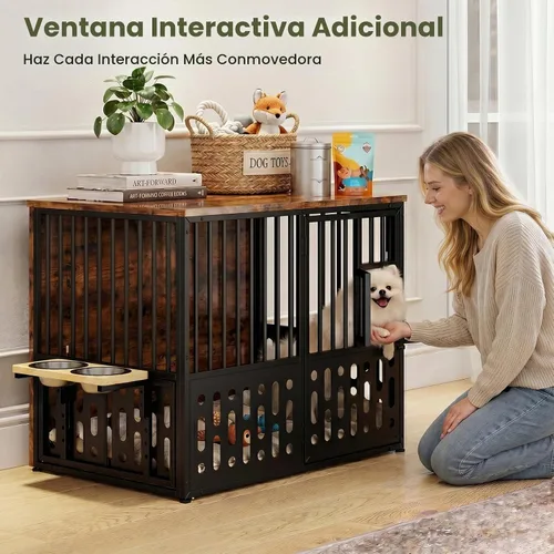Vista 3 de Yafylly Jaula para perros pequeños de 32 pulgadas, muebles de madera para perros pequeños y medianos, ventana interactiva, cuencos ajustables