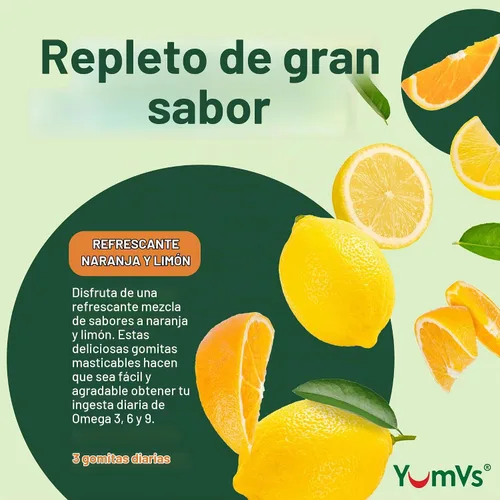 Vista 4 de YUM-V'S - Gomitas veganas Omega-3 DHA, limón y naranja (90 unidades) Soporte para el cerebro, los ojos y el corazón con DHA de algas y linaza