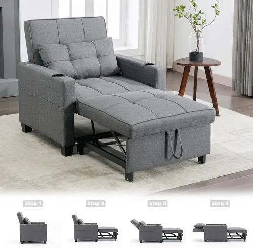 Vista 6 de Silla cama cama convertible ajustable con almohada, silla extraíble con puertos USB, antiarañazos, para sala de estar, dormitorio, apartamento, Lino