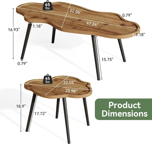 Vista 2 de Juego de 2 mesas de centro anidables, mesas de centro de madera maciza con mesa de nube, mesas decorativas apilables con pies antideslizantes