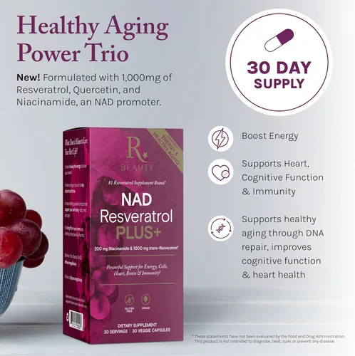 Vista 3 de Reserveage NAD Resveratrol Plus+ - Soporte antioxidante para la salud cerebral, la salud cardíaca, la energía celular y más - 30 cápsulas vegetales