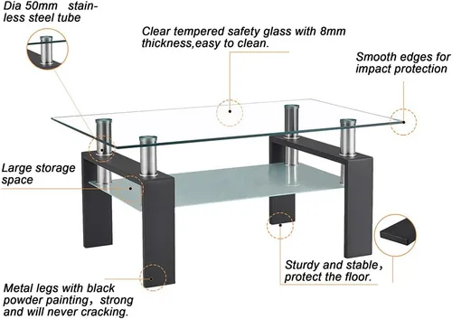 Vista 4 de Mesas de café para sala de estar, estante de almacenamiento de 2 capas rectangular de cristal para té negro
